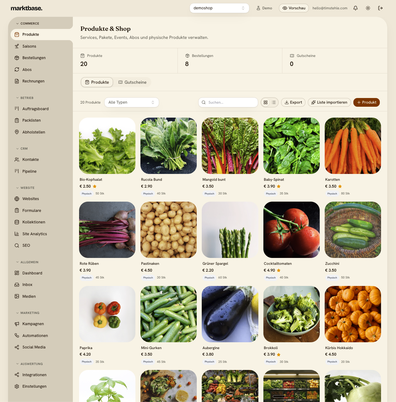 marktbase Dashboard — Produkte & Shop